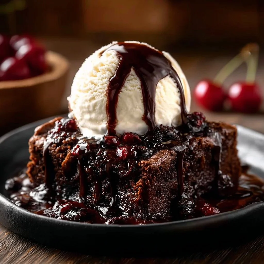 Delicious chocolate dump cake topped with chocolate sauce and whipped cream.