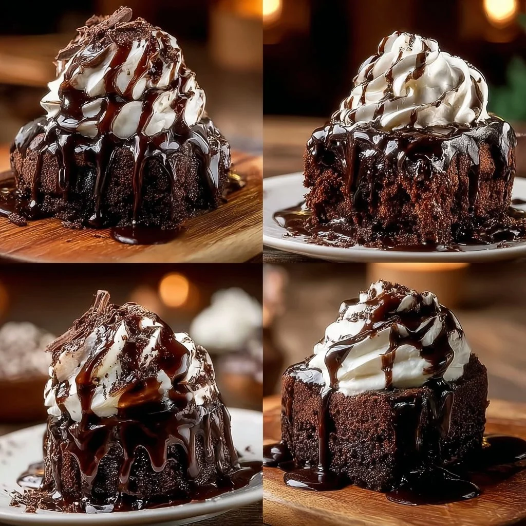 Delicious chocolate brownies topped with chocolate drizzle and nuts