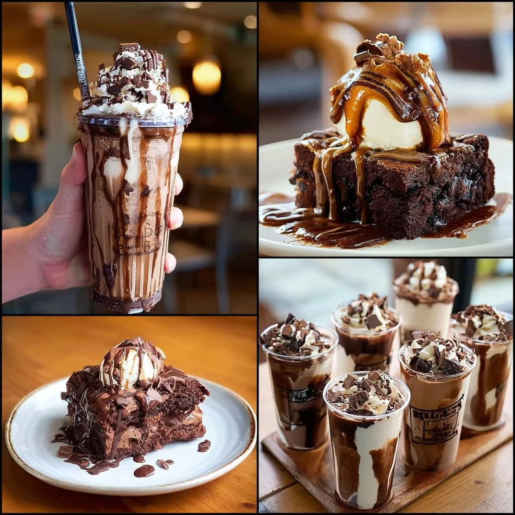 Delicious chocolate brownie sundae topped with vanilla ice cream and chocolate sauce