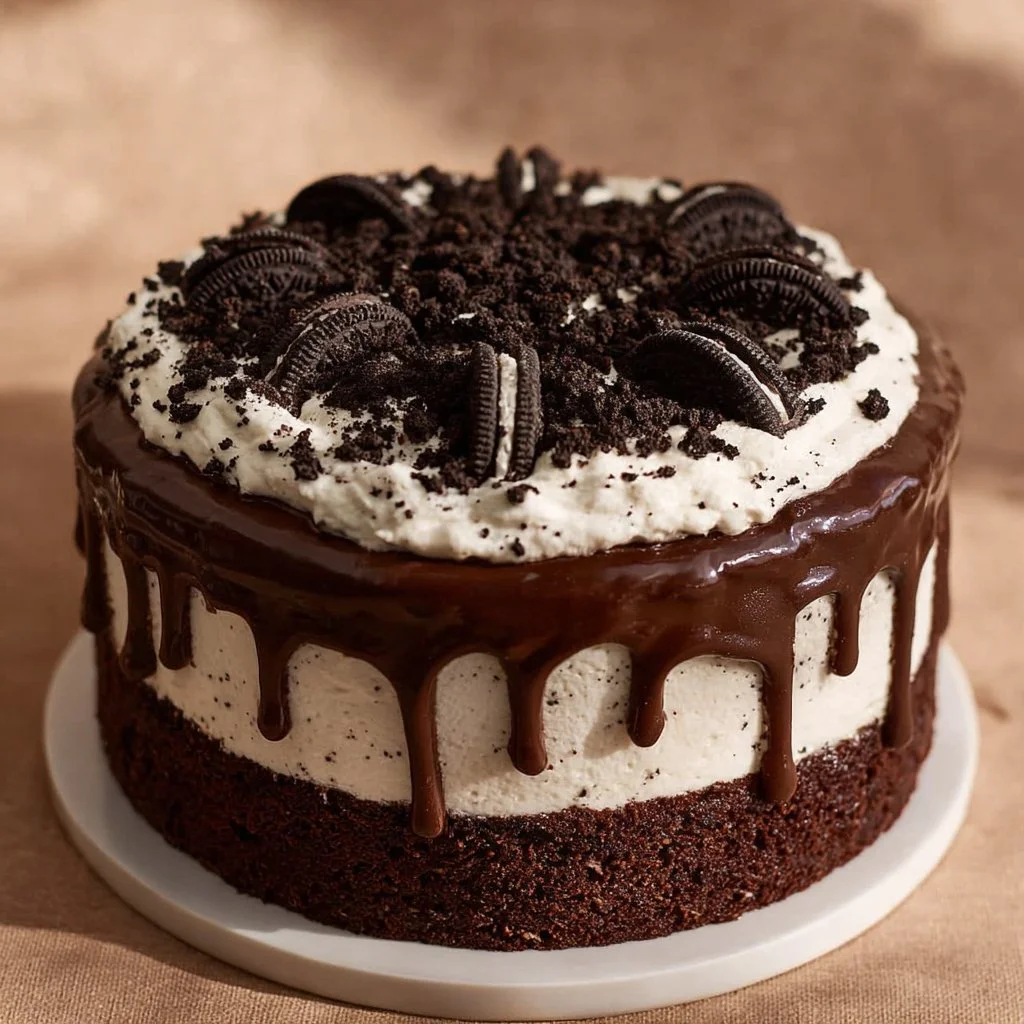Delicious chocolate cake topped with creamy frosting and decorative chocolate shavings