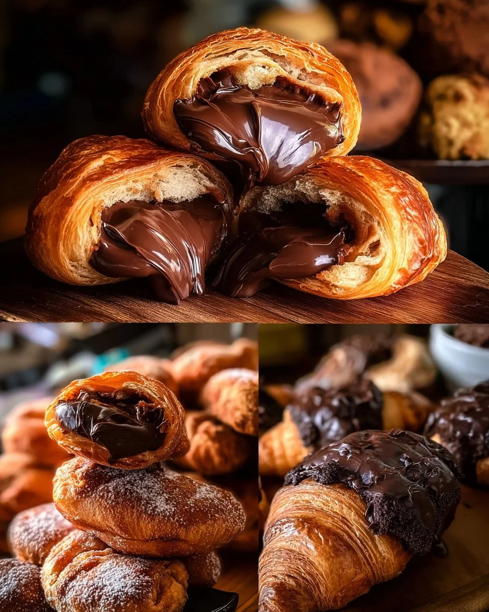 Freshly baked chocolate croissant alongside a selection of donuts
