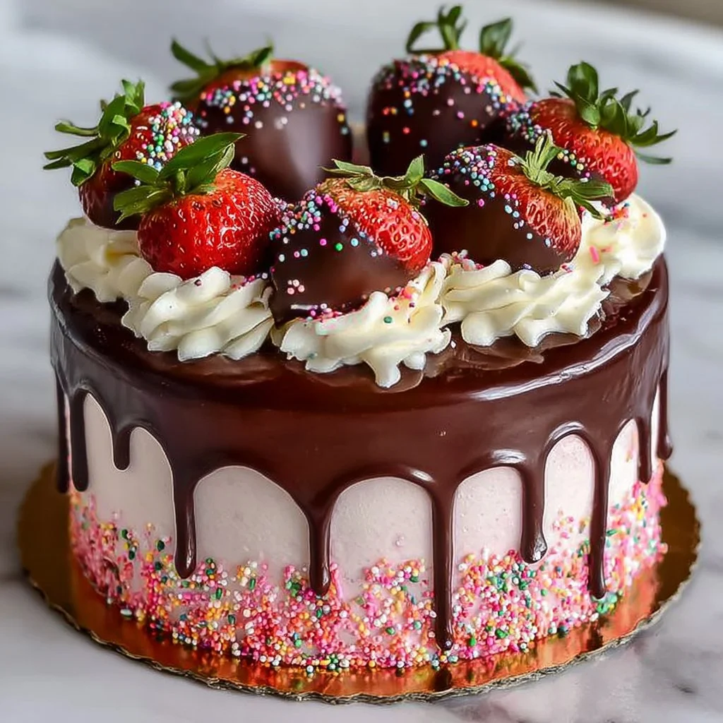 Delicious Chocolate-Dipped Strawberry Mousse Cake topped with fresh strawberries