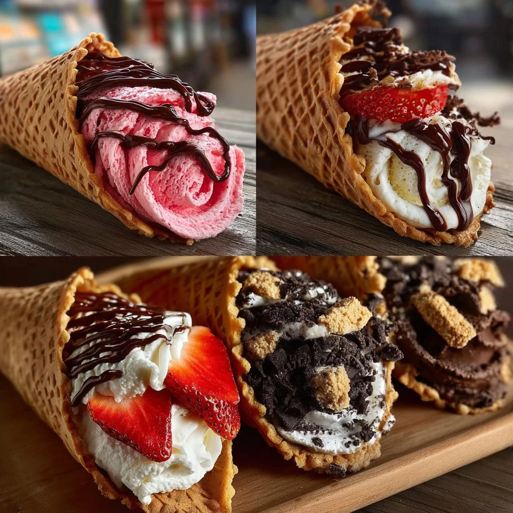Delicious chocolate ice cream tacos served with a drizzle of chocolate sauce.