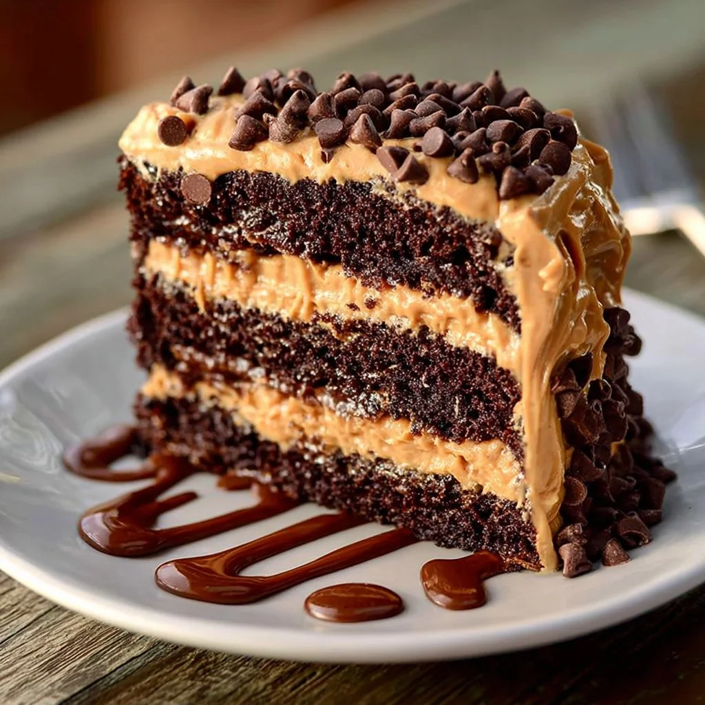 Chocolate Peanut Butter Cake with creamy frosting and decorative topping