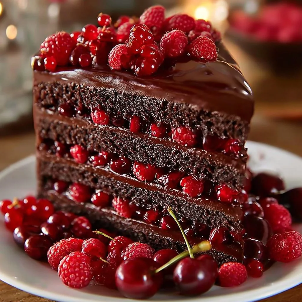 Delicious Chocolate Raspberry Truffle Cake topped with fresh raspberries and chocolate ganache