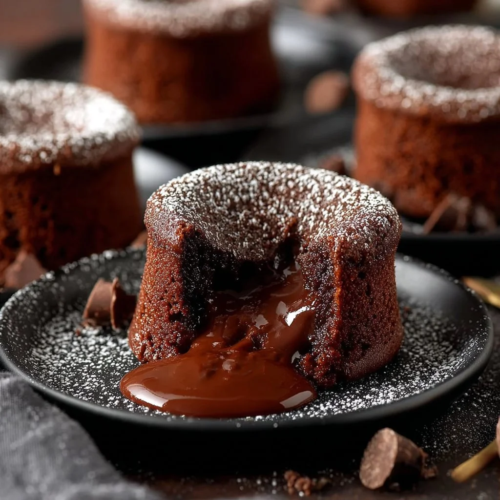 Delicious Chocolate Soufflé dessert with a gooey center, resembling a lava cake.