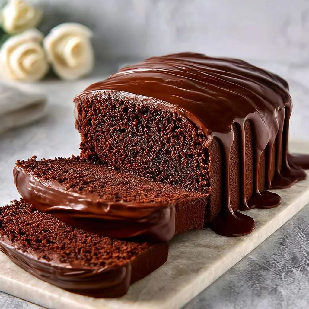 Moist and fluffy Chocolate Sponge Cake Loaf slice on a plate