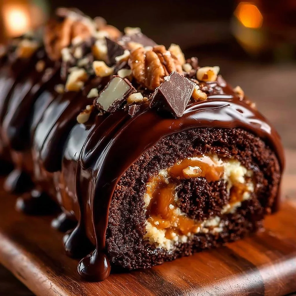 Homemade Chocolate Yule Log decorated for Christmas with festive toppings.
