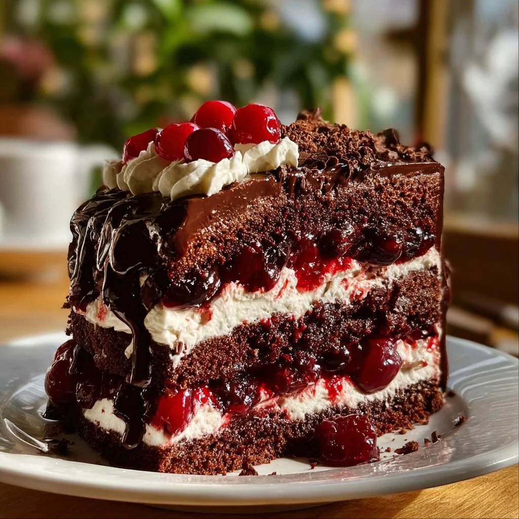 Delicious Christmas Black Forest Cake with cherries and whipped cream decoration
