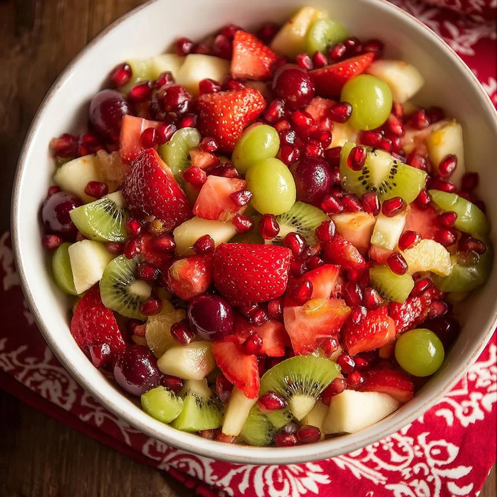Colorful Christmas fruit salad featuring seasonal fruits for holiday celebrations