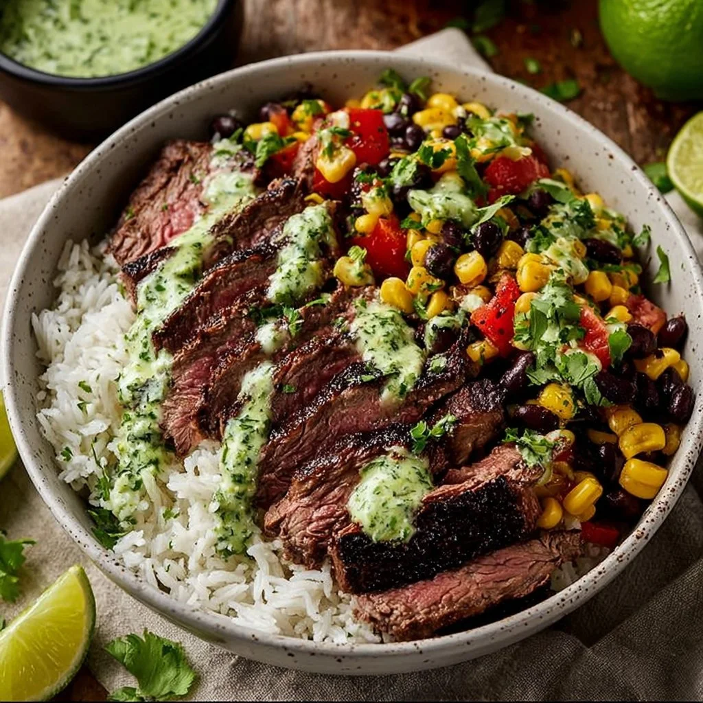 Cilantro lime steak bowls garnished with fresh herbs and lime wedges