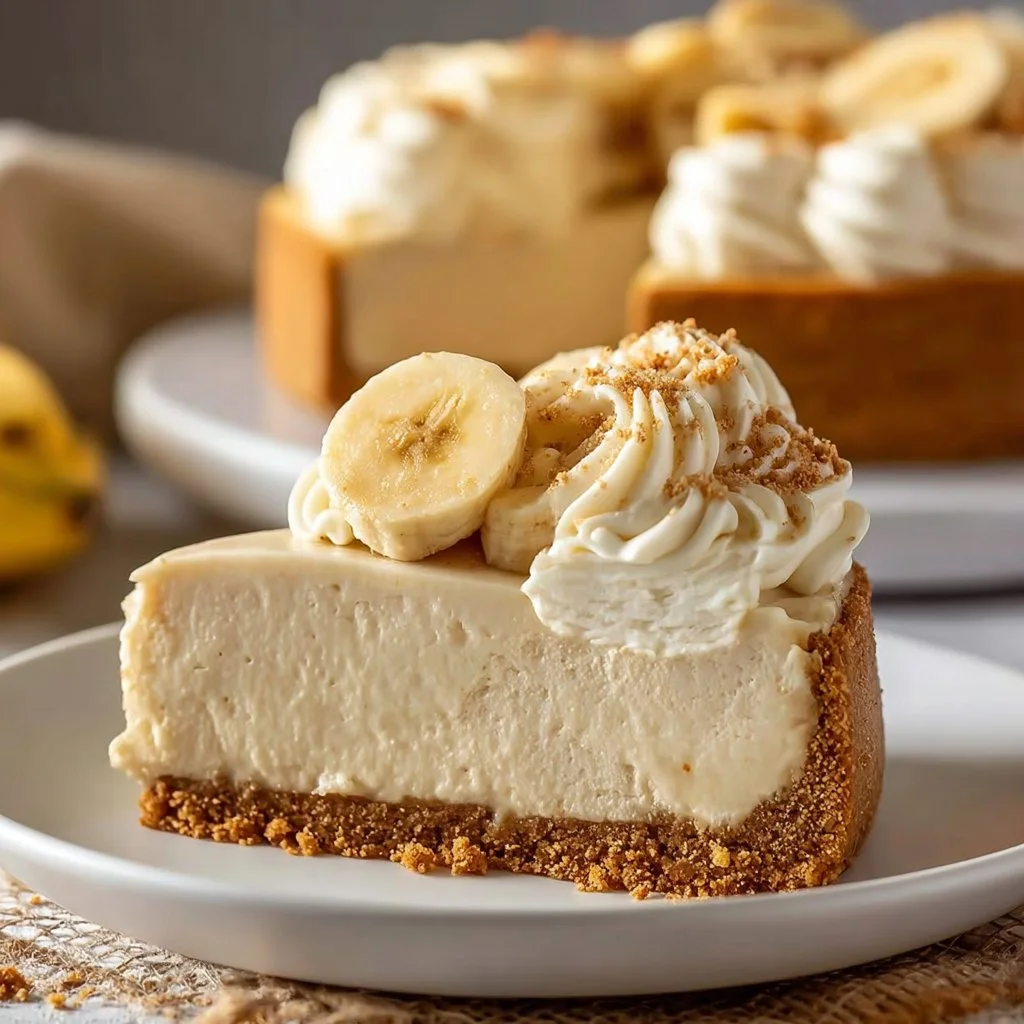 Delicious classic banana cream cheesecake with whipped cream and banana slices.