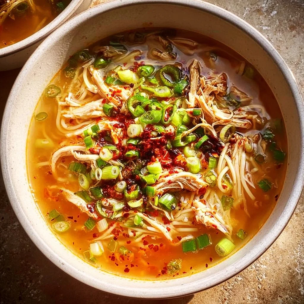 Classic ginger garlic chicken noodle soup in a warm bowl.