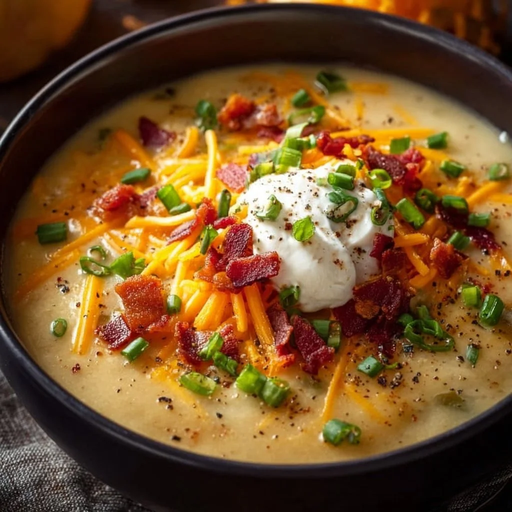 Bowl of comforting loaded baked potato soup topped with cheese and green onions.