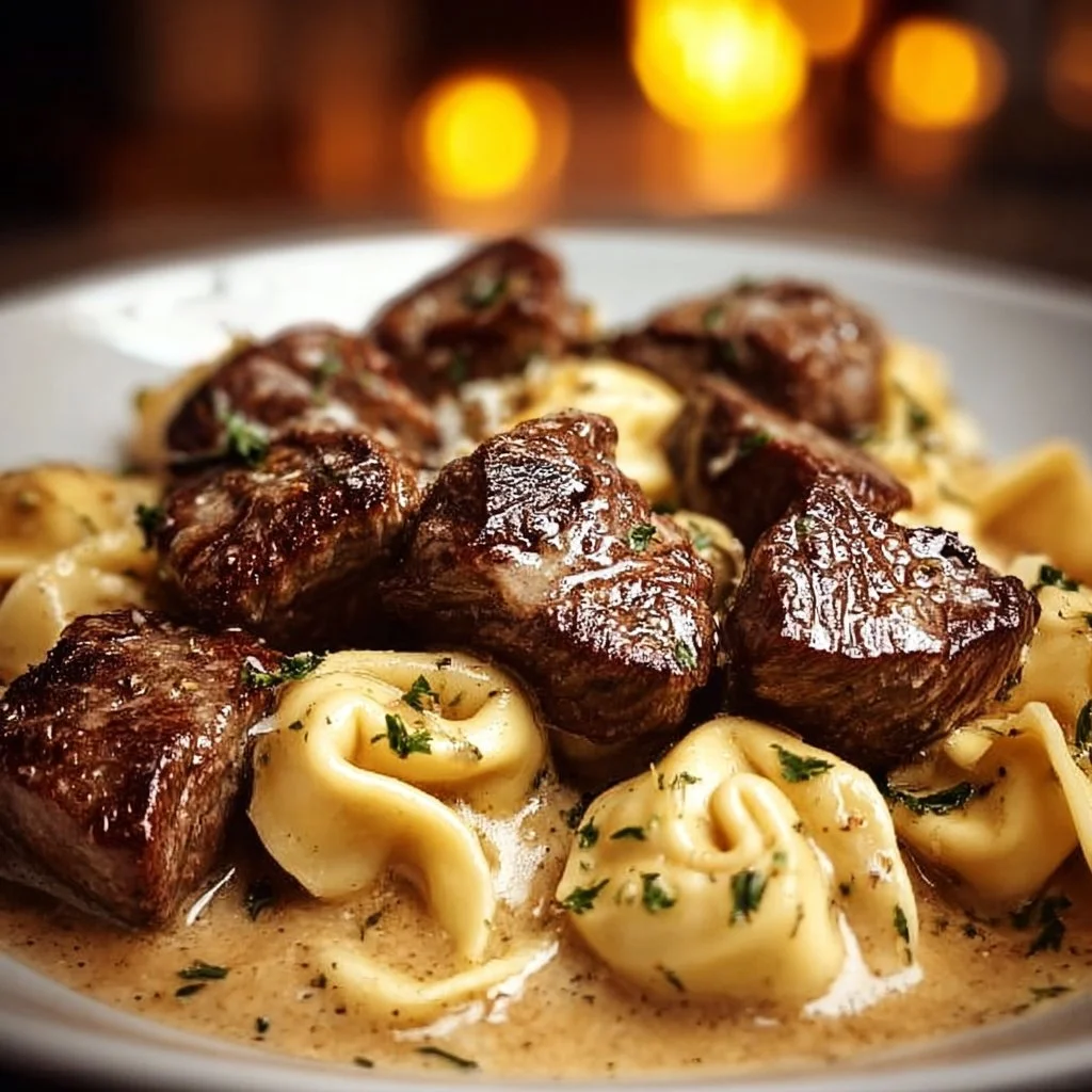 Cracked Garlic Steak Tortellini in Creamhouse Sauce served on a plate
