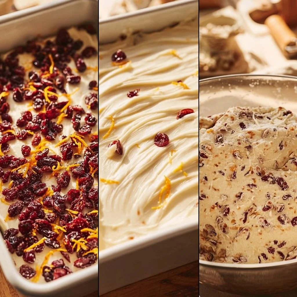 Cranberry Bliss Bars topped with cream cheese frosting and cranberries