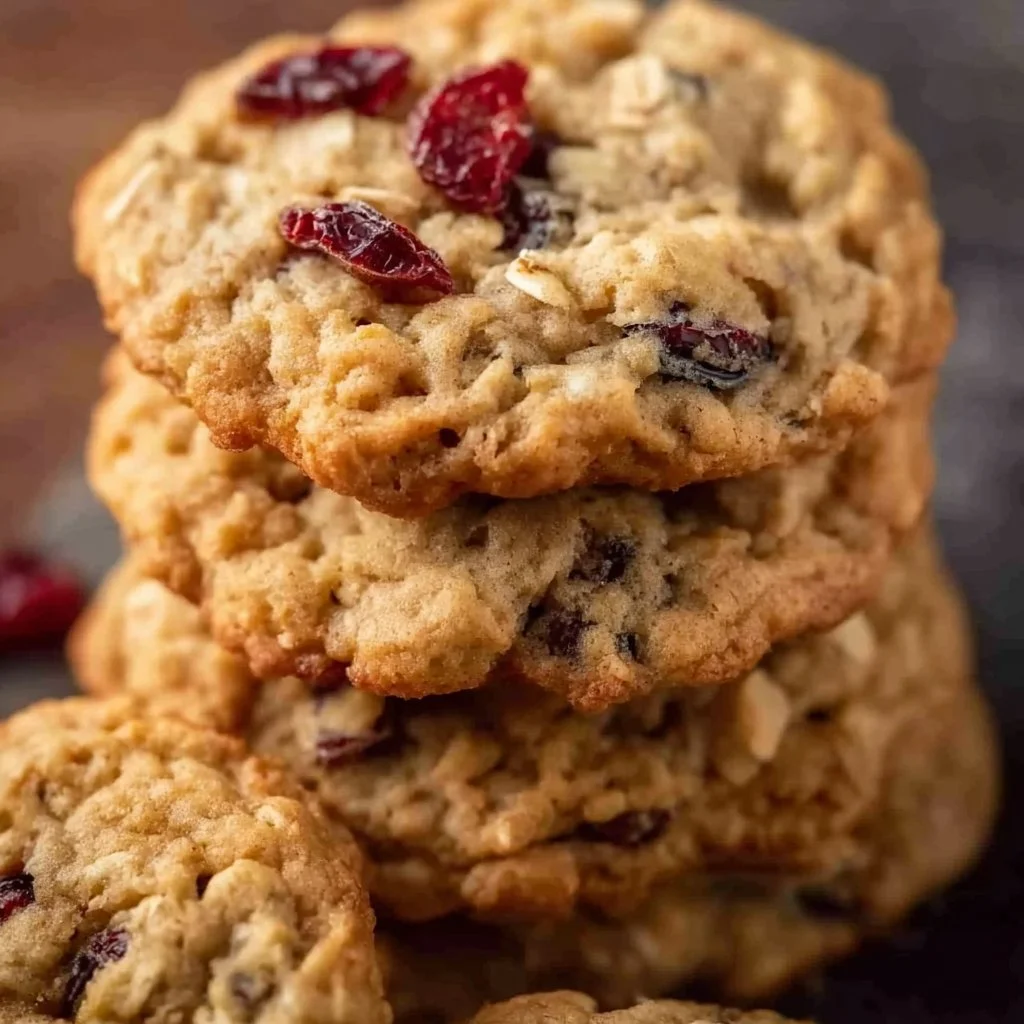 Freshly baked Cranberry Oatmeal Cookies on a rustic wooden table