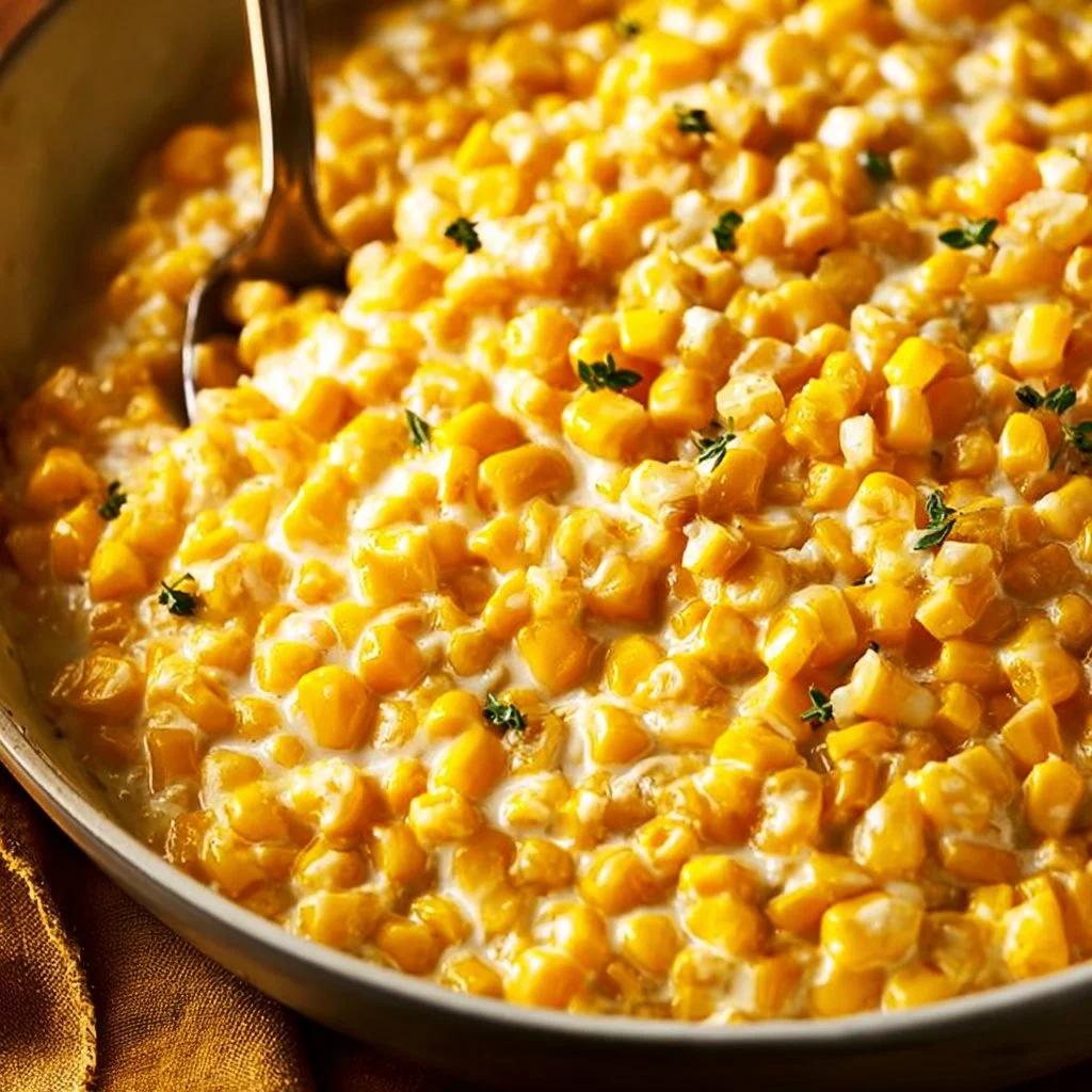 Delicious homemade creamed corn served in a bowl with added seasonings.