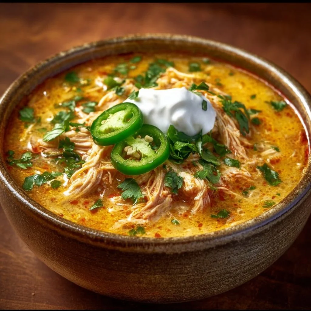 Bowl of creamy chicken enchilada soup topped with cheese and cilantro