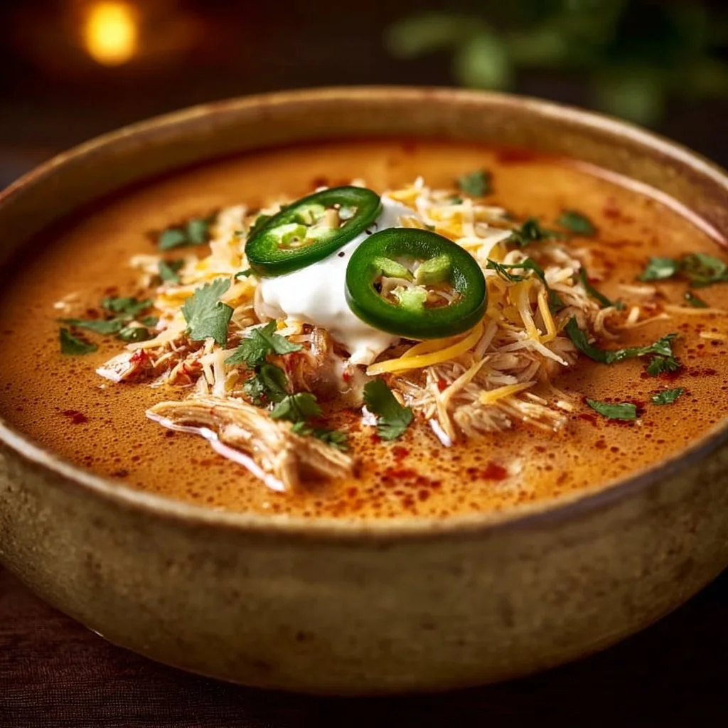 Creamy chicken enchilada soup in a bowl garnished with cilantro and cheese