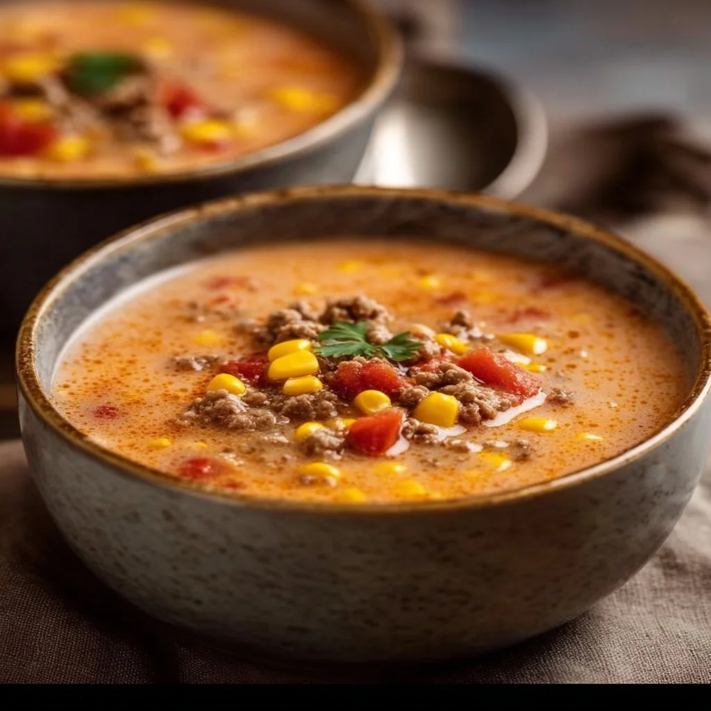 Bowl of creamy Cowboy Soup garnished with herbs and served with bread