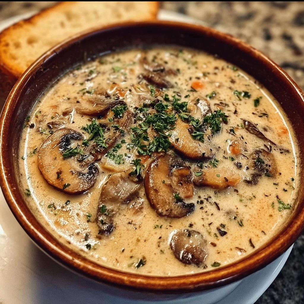 Bowl of creamy mushroom soup garnished with herbs