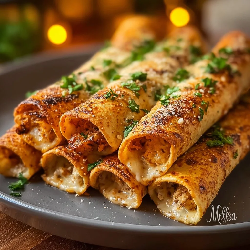 Plate of crispy chicken taquitos served with salsa and guacamole