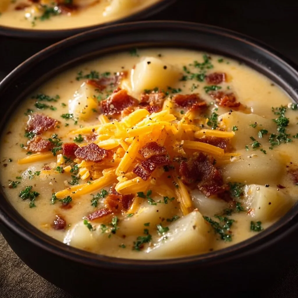 Crock Pot Crack Potato Soup in a bowl with toppings and garnishes