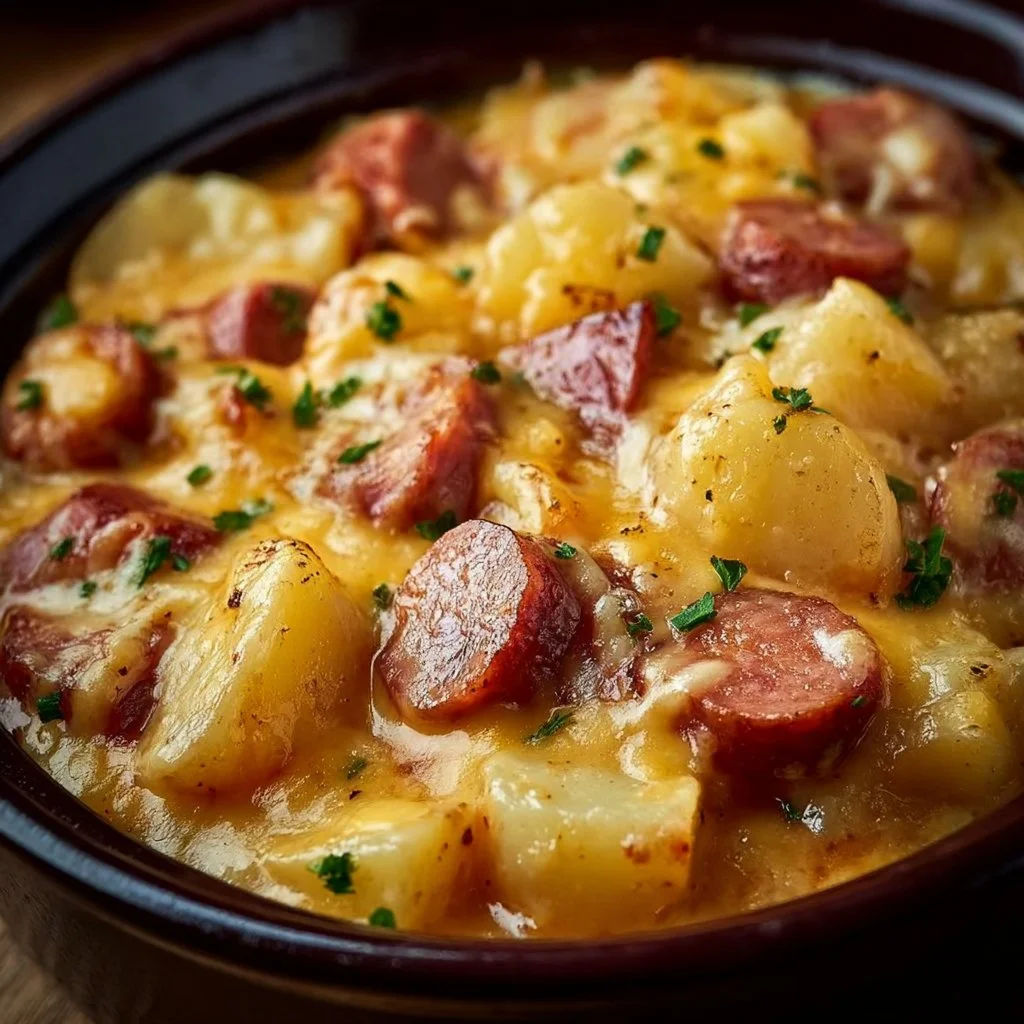 Crockpot Cheesy Potatoes with Kielbasa for a delicious comfort food meal