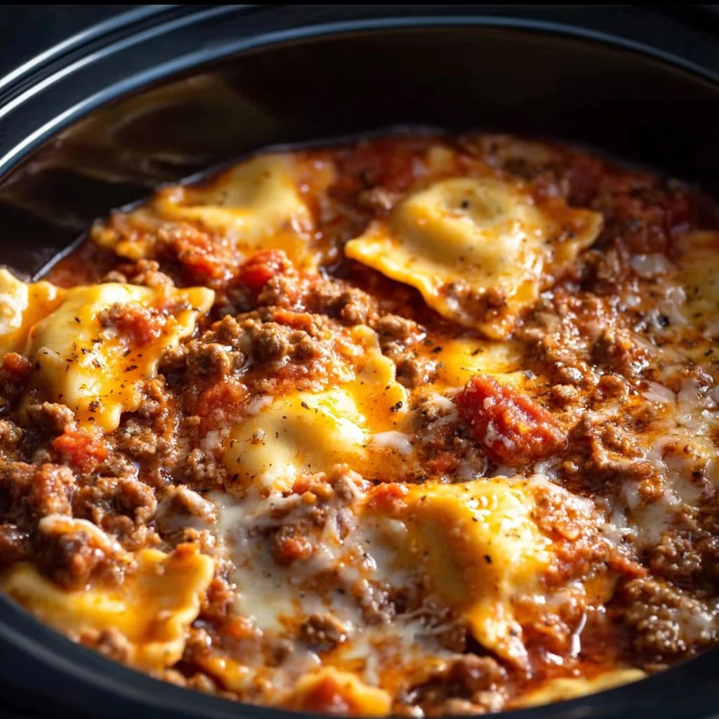 Crockpot Ravioli Lasagna served in a bowl with melted cheese on top