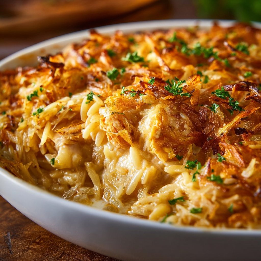 French Onion Chicken Orzo Casserole