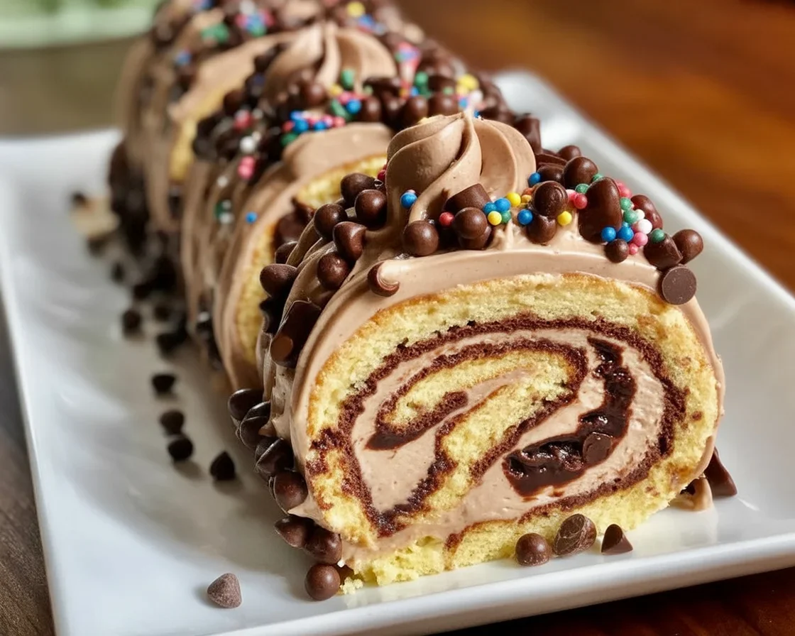 Delicious Cookie Dough Ice Cream Cake Rolls with fudge and chocolate chips