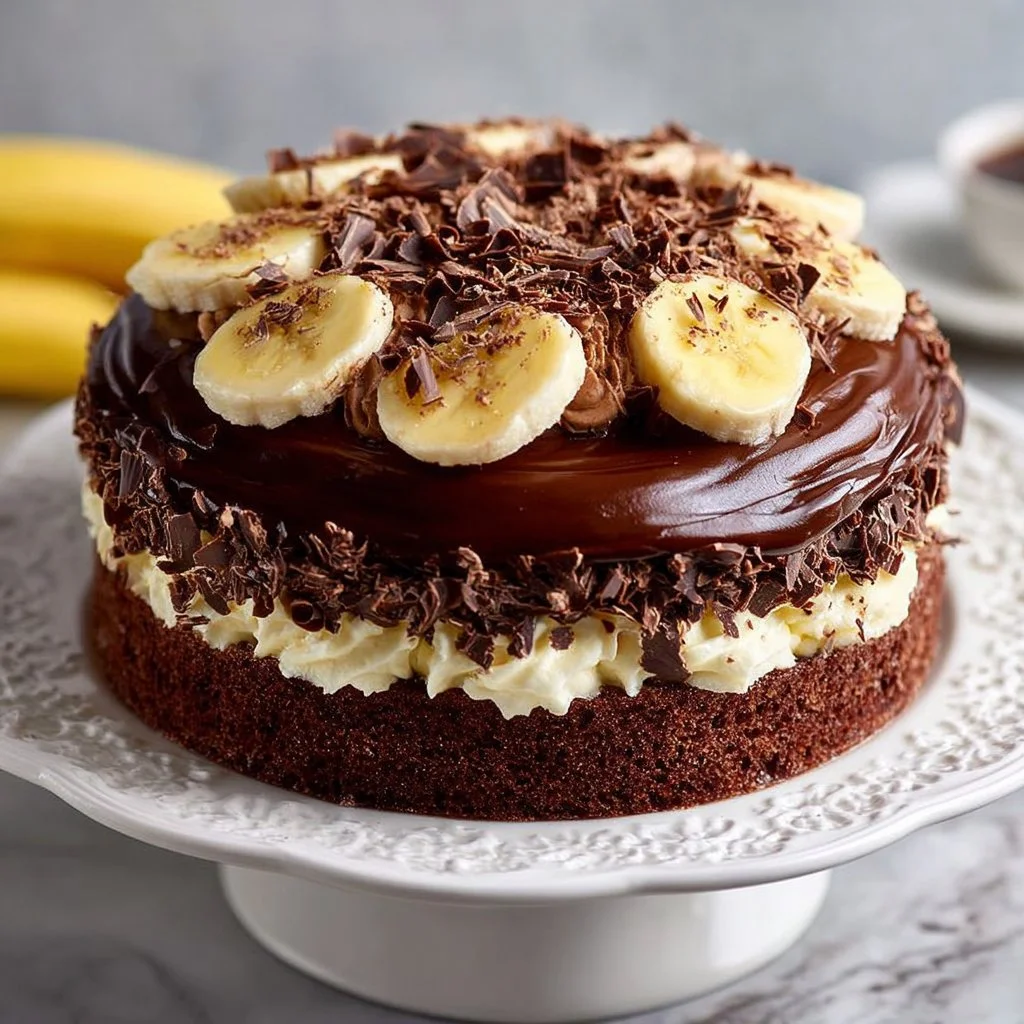 Slice of Double Chocolate Banana Layer Cake topped with chocolate ganache and banana slices.