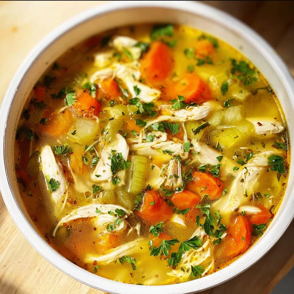 Bowl of easy and healthy homemade chicken soup with fresh veggies.
