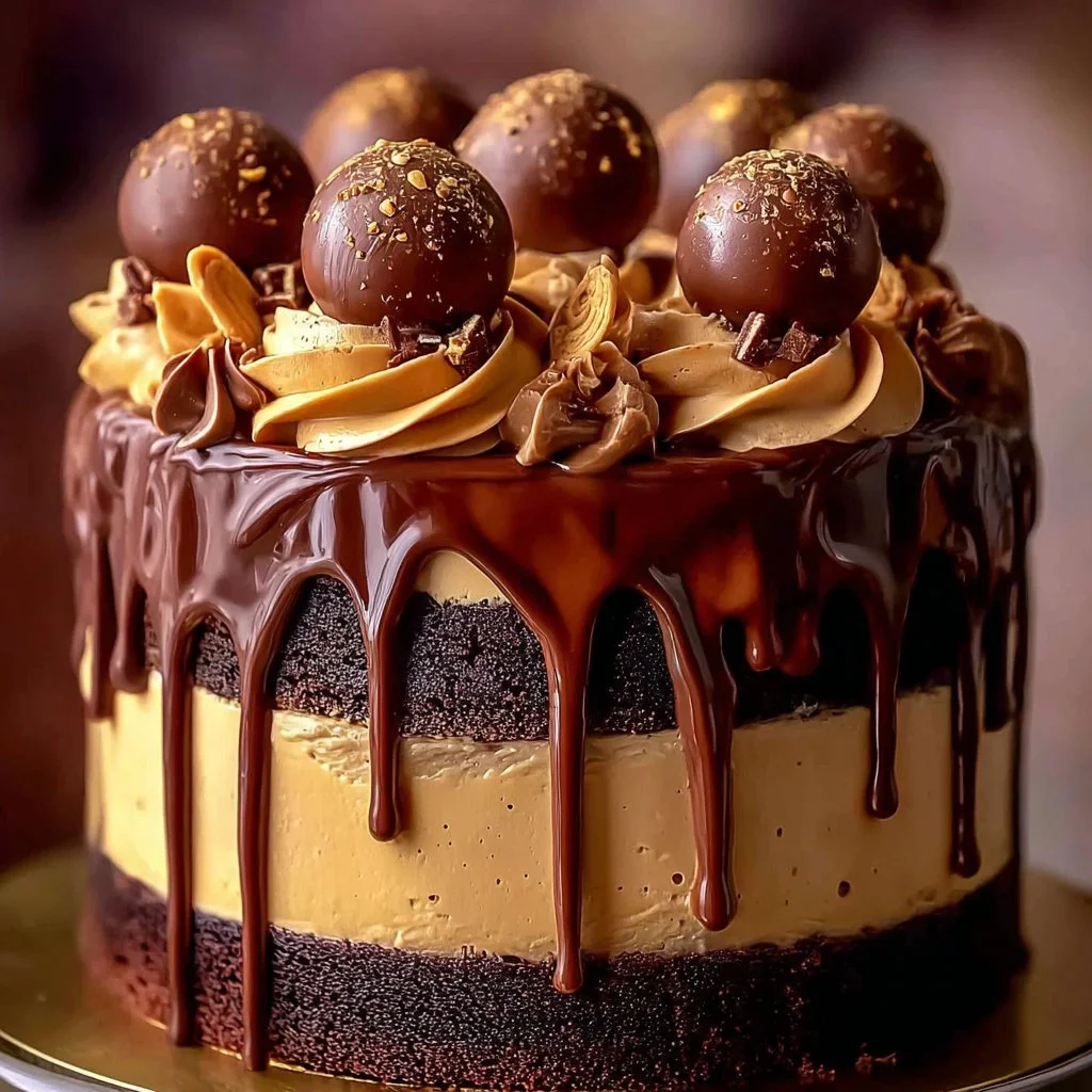 Epic Chocolate Overload Explosion Cake topped with chocolate ganache and sprinkles