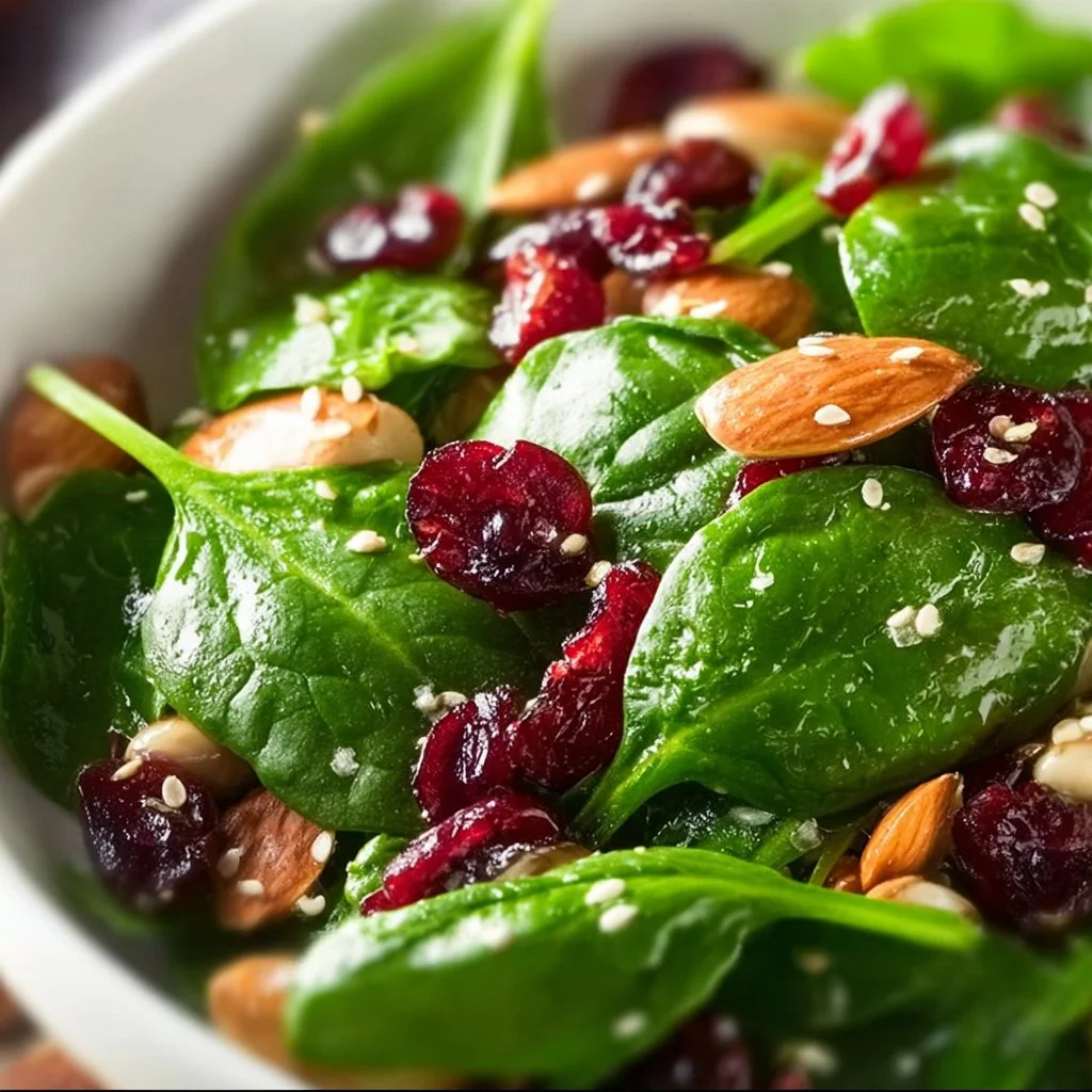 Festive Christmas cranberry spinach salad topped with nuts and dressing