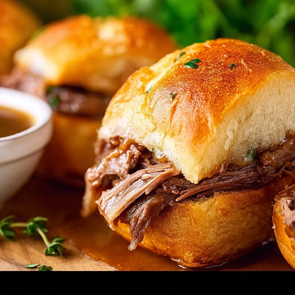 French Dip Sliders with beef and cheese served with au jus for dipping.
