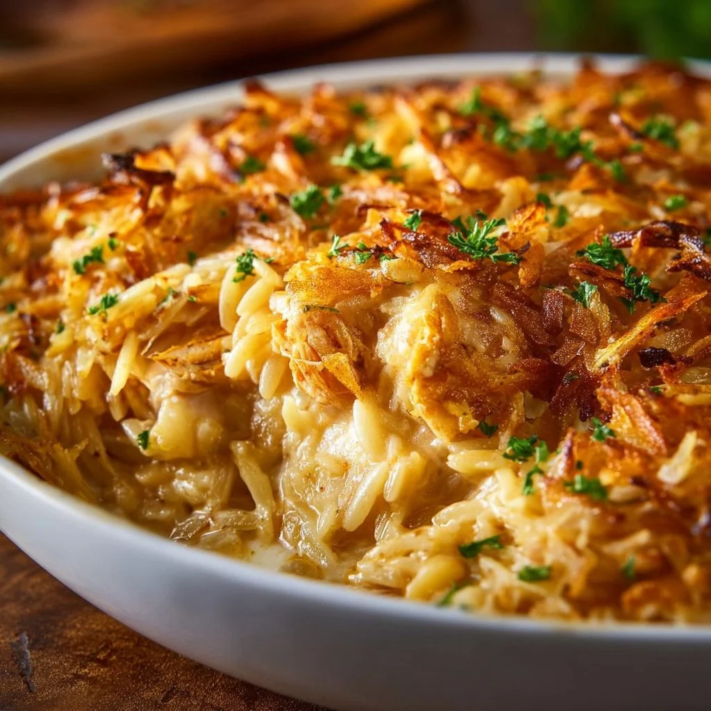 French onion chicken orzo casserole baked with cheese and herbs.