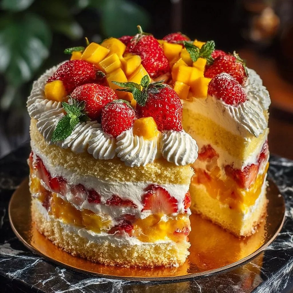 Fruit-filled 3-layer whipped cream birthday cake decorated with fresh fruits