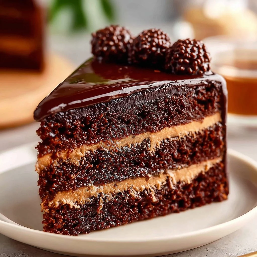 Delicious fudge layer cake with smooth ganache topping