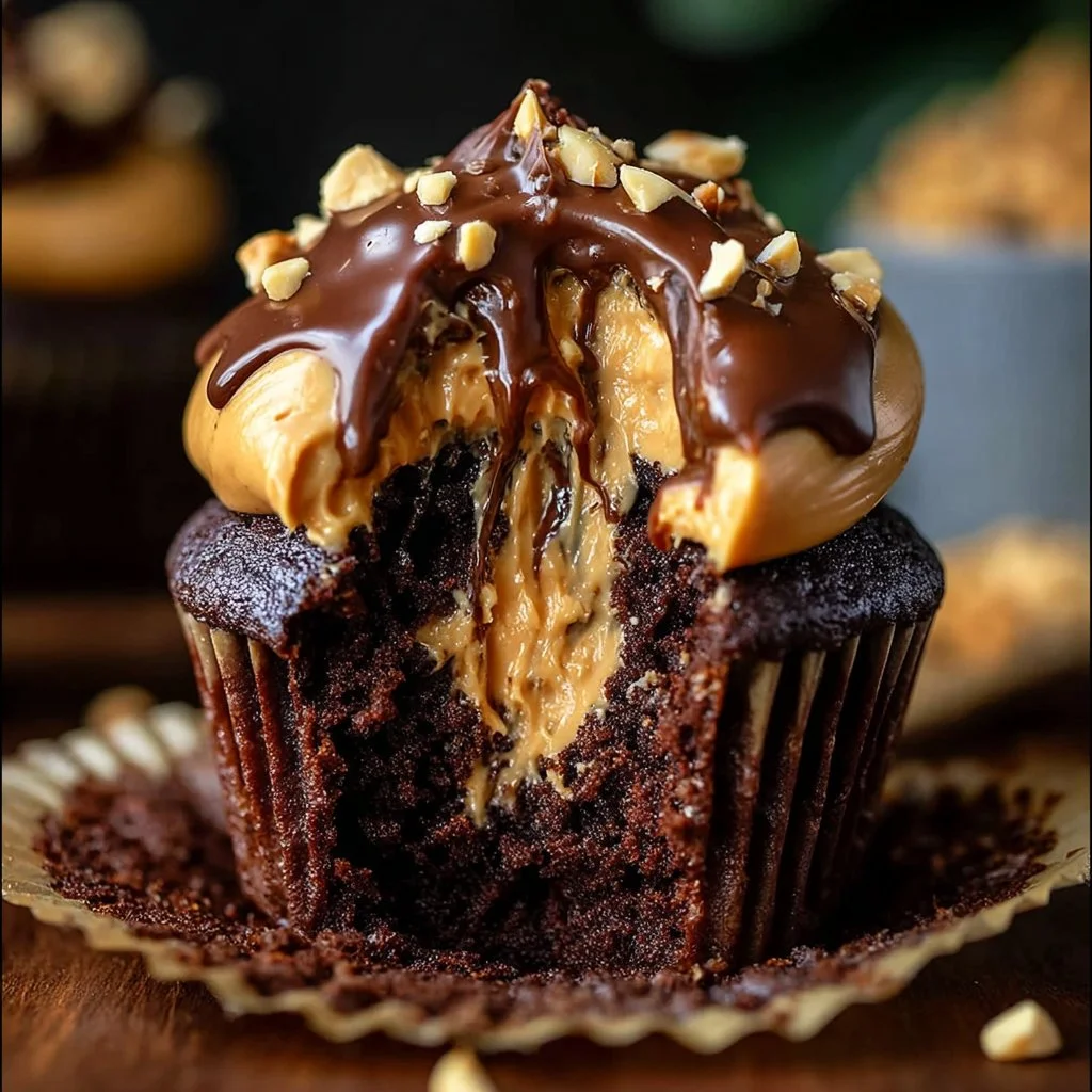 Gooey Peanut Butter Lava Cupcakes with melted peanut butter centers