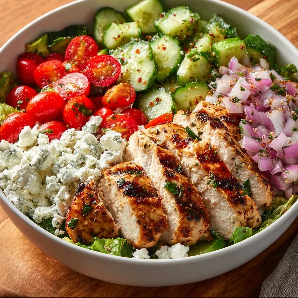 Healthy Greek Chicken Bowl with fresh vegetables and grains