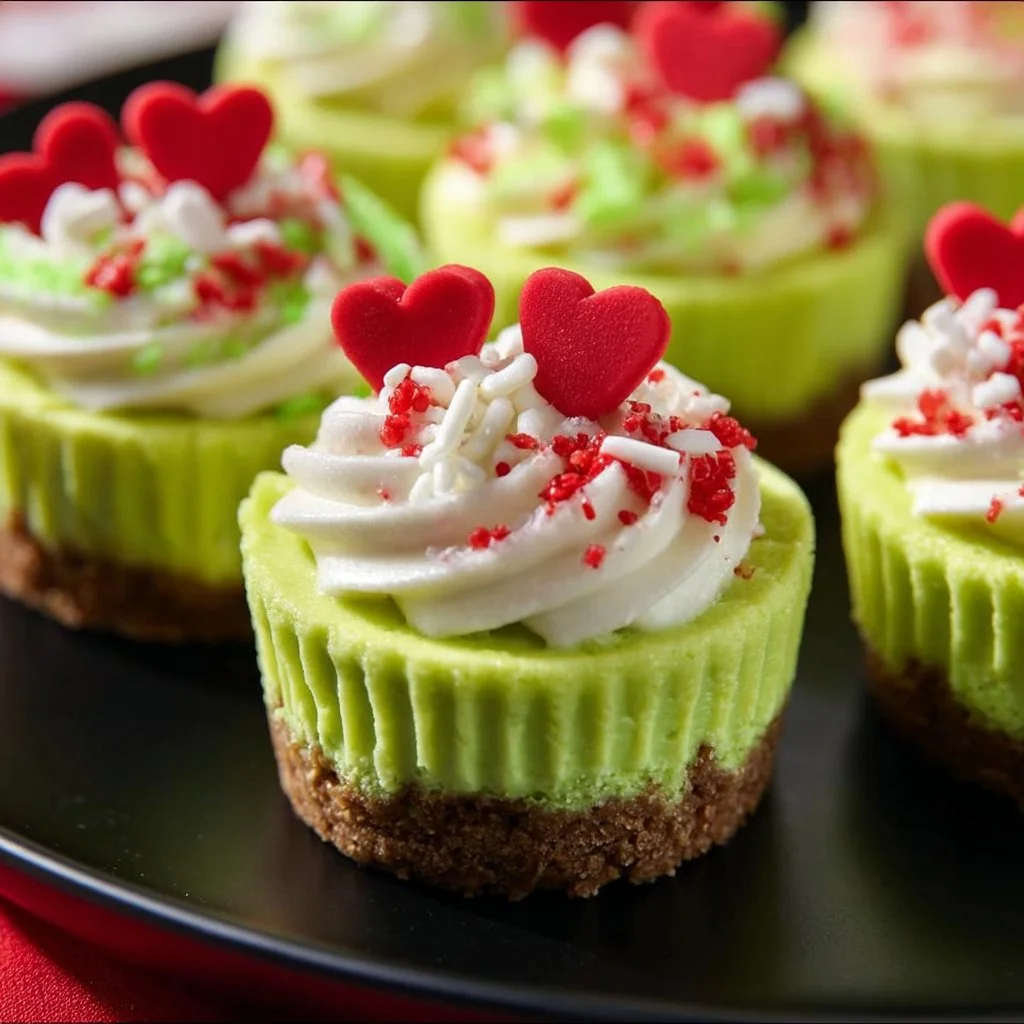 Festive Grinch Mini Cheesecakes topped with green frosting and red berries