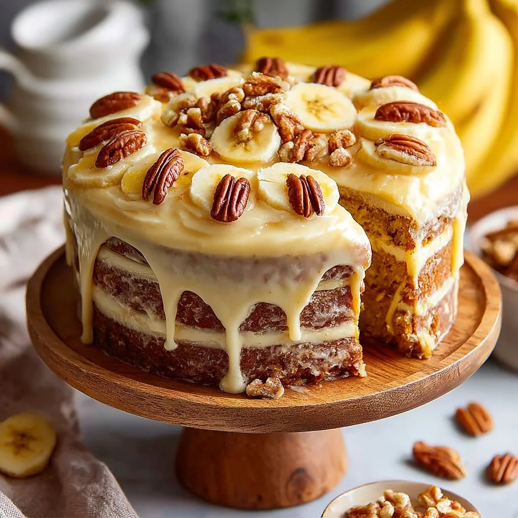 Heavenly Banana Walnut Cream Cake with slices showcasing walnuts and banana topping