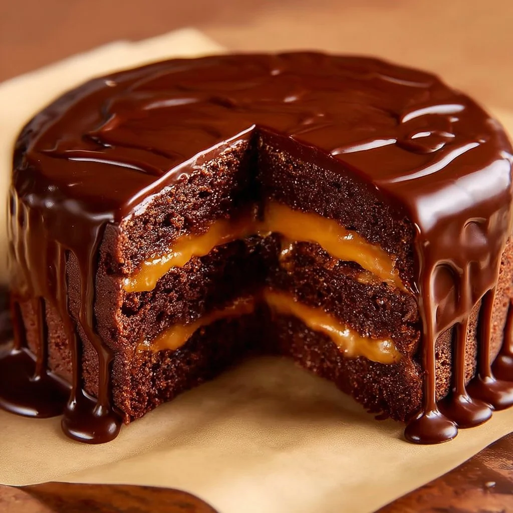 Delicious homemade chocolate cake with caramel filling and chocolate ganache topping
