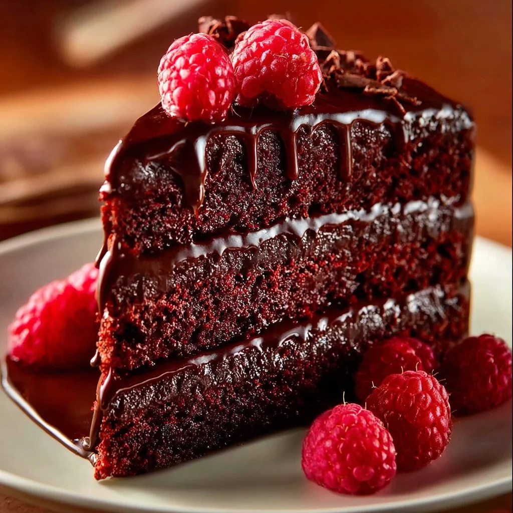 Homemade Chocolate Raspberry Cake with decadent frosting and fresh raspberries