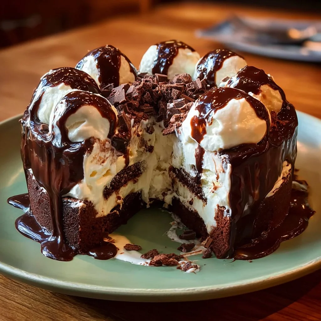 Delicious hot fudge ice cream cake slice topped with chocolate syrup and whipped cream