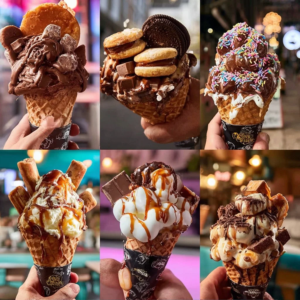 Delicious ice cream bubble waffle topped with syrup and sprinkles