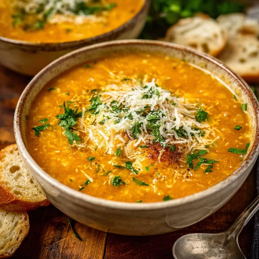 A bowl of Italian Penicillin Soup garnished with herbs and surrounded by fresh vegetables.