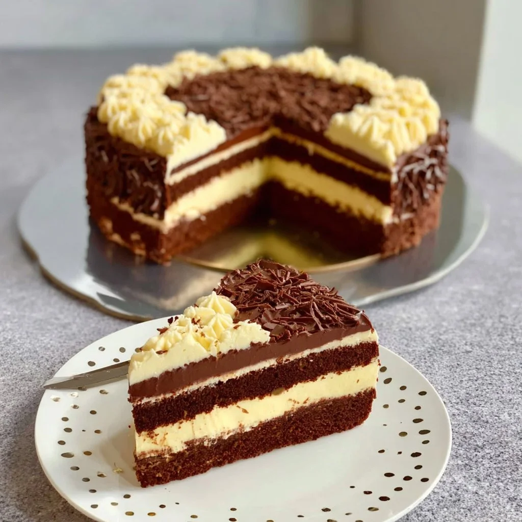 Deliciously layered Kinder Bueno Cake topped with hazelnut cream and chocolate.